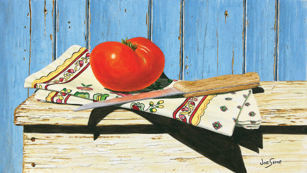 One Tomato, 5.5 x 10 inches, acrylic on board. The napkin featured was purchased by the artist’s wife, Sam Waite, in Bayeux, Normandy. 
