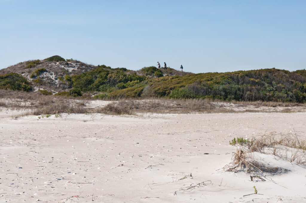 The majestic dune on Hutaff
Island from the scout for “The Island
That Won’t Be Tamed” by Simon Gonzalez,
May 2017 Wrightsville Beach Magazine.
Gonzalez is seen walking the ridge with
Randy Williams and Pat Bradford. WBM File Photo