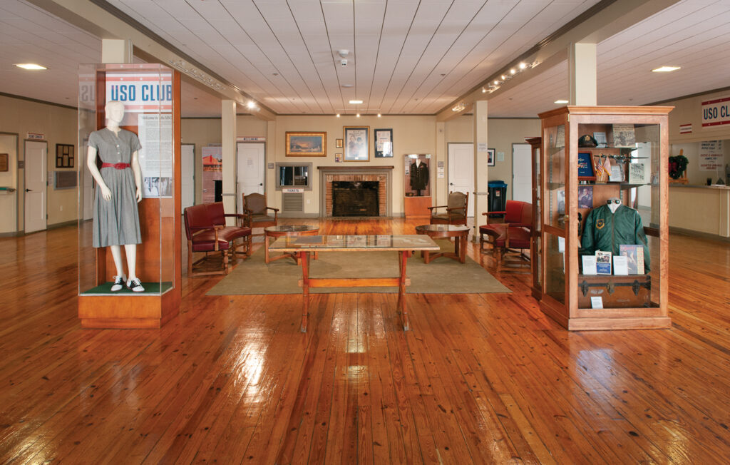 Today, the Hannah Block Historic USO building’s lobby is home to World War II memorabilia. Photo by Allison Potter