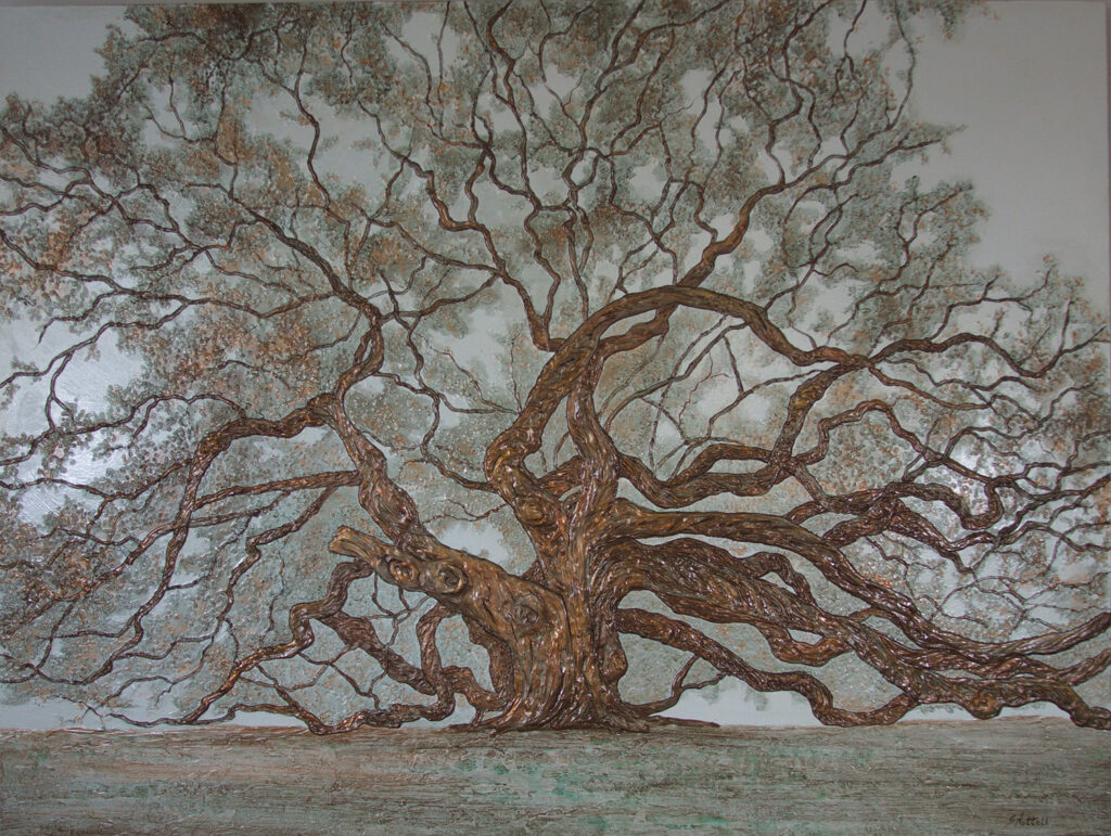 Angel Oak
#12, 36 x 48 inches, heavy texture with oil overlay on artist
wood cradle board.
