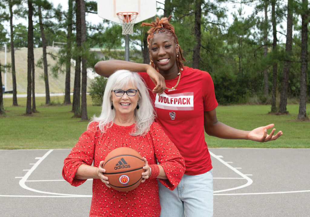 Pat and Saniya Rivers on the basketball court at Ogden Park. Pat’s hair is by Frank Potter, styled by Mason Chandler, make up styled by Ken Grimsley, all of Bangz Hair Salon. Photo by Allison Potter