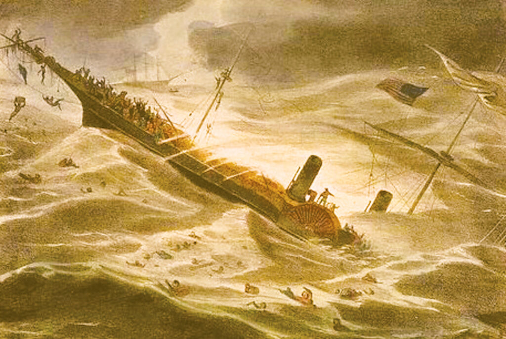 The ship, seen in an 1857 illustration by J. Childs, sank in a hurricane off the Carolina coast with up to 21 tons of gold, including this 40-ounce assayers ingot, top left. Unscratched freshly minted, uncirculated gold coins were worth approximately $4,000 each at the time of the discovery. 