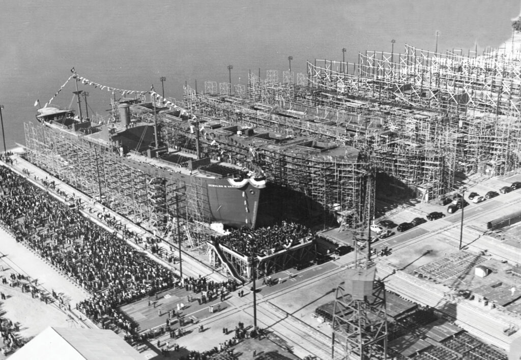 The first Liberty ship completed at the North Carolina Shipbuilding Company shipyard, the S.S. Zebulon B. Vance, launched on Dec. 6, 1941, with approximately 13,000 people in attendance. Courtesy Of East Carolina Digital Collections