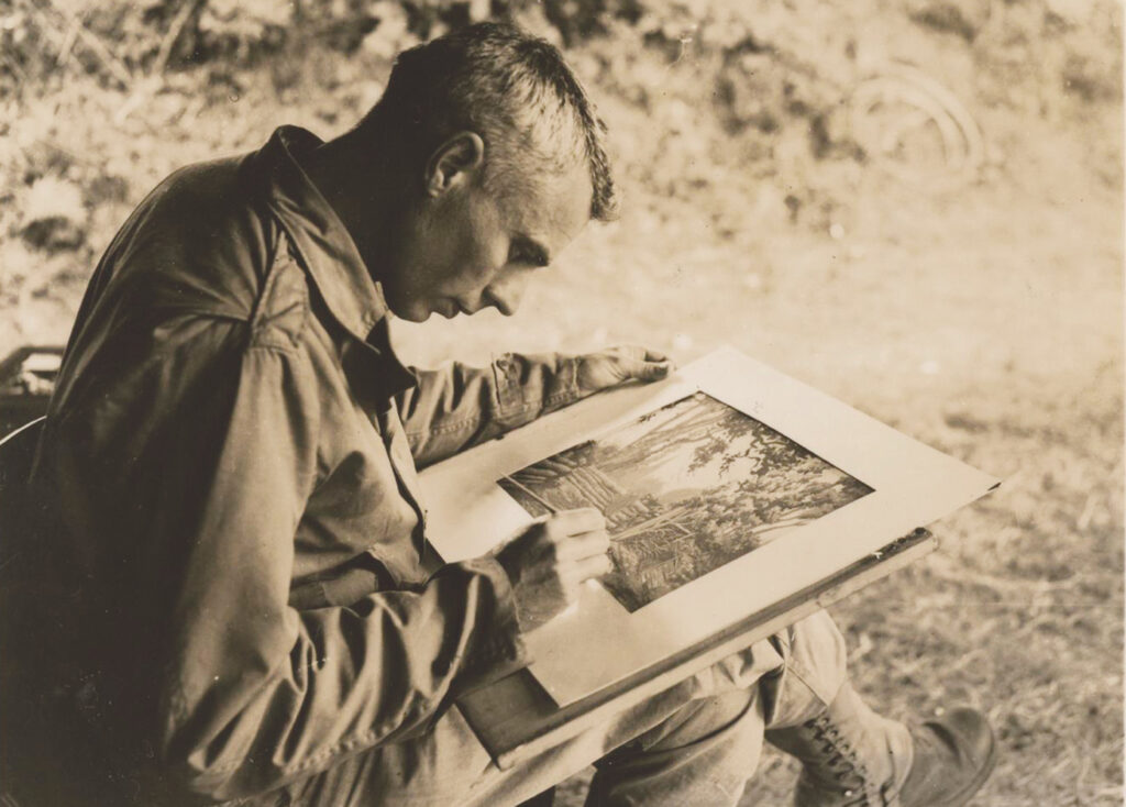 Pvt. Henry Jay MacMillan, of the 62nd Engineer Topographic Company, paints a watercolor in Saint-Lo, Normandy, France in 1944. Courtesy of the Cape Fear Museum
