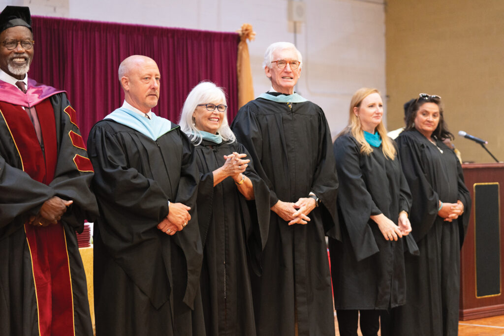 From left: Keynote speaker, Dr. Phillip Clay a 1964 Williston alumnus, New Hanover County Board of Education Chairman Pete Wildaboer, Vice Chair Pat Bradford, Hugh McManus, Stephanie Walker and Stephanie Kraybill. Pat Bradford’s hair by Frank Potter, Bangz Hair Salon. Courtesy NHCS