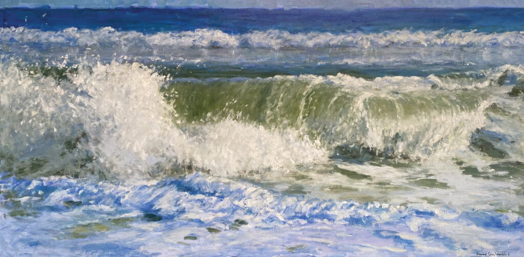 Six O’clock Wave, 24 x 48 inches, oil on linen.