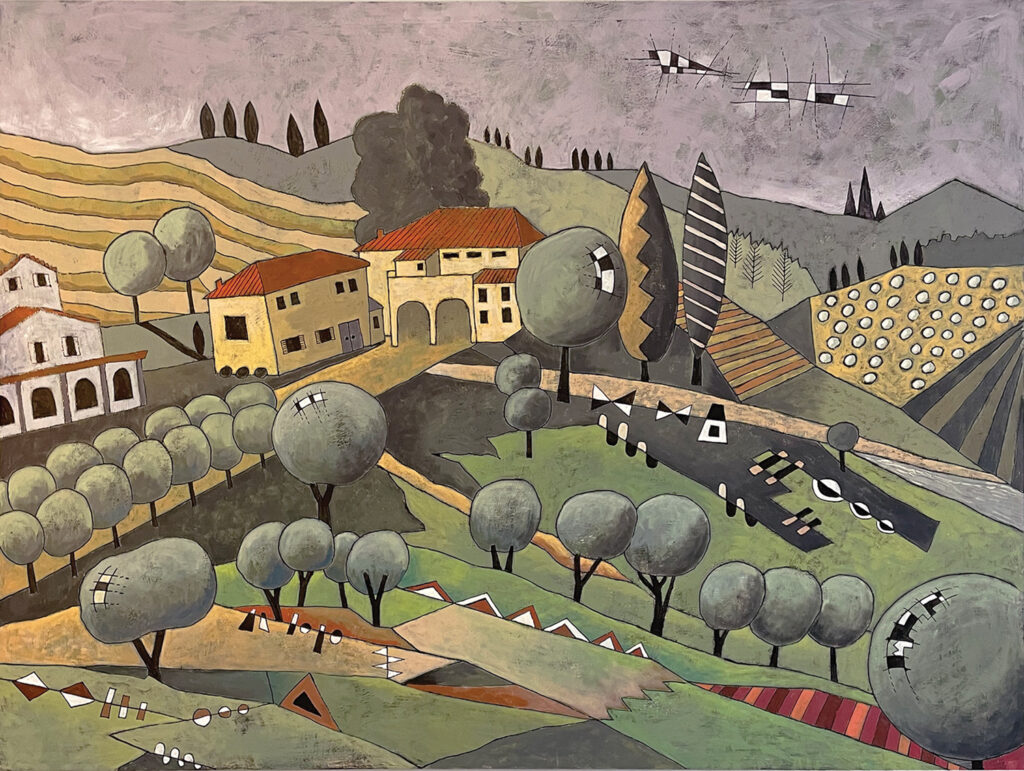 Olive Trees in Tuscany 2023, 40 x 30 inches, pen and ink, enamel on a wooden panel.